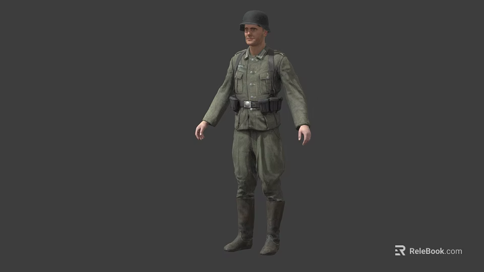 Military Character In Green Uniform With Helmet Standing Against Gray Background 3d model 