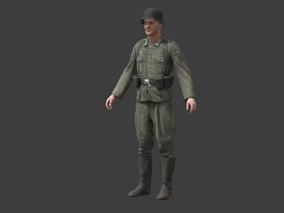 Military Character In Green Uniform With Helmet Standing Against Gray Background 3d model