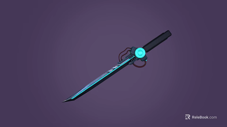 Fantasy Sword With Black Handle Blue Glowing Blade And Circular Ornament 3d model 
