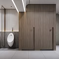 Modern Public Restroom Interior Design With White Urinals Mirrors And Wooden Elements On Gray Walls