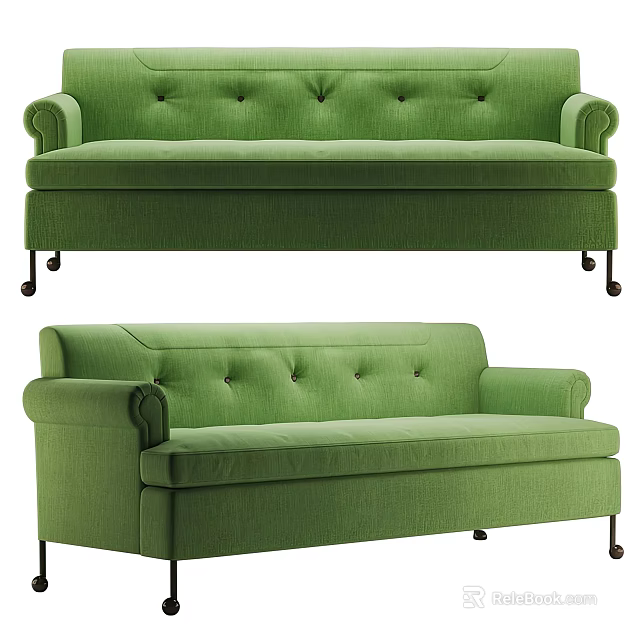Stylish Green Tufted Sofa With Rolled Armrests And Caster Wheels Design 3d model