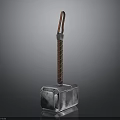 Medieval War Hammer With Silver Metal Head And Red Braided Leather Handle