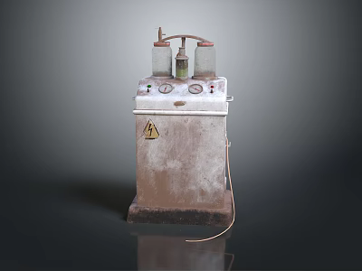 Vintage Rusted Industrial Machine With Cylindrical Containers Gauges And Warning Sign 3d model