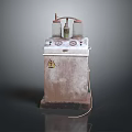 Vintage Rusted Industrial Machine With Cylindrical Containers Gauges And Warning Sign