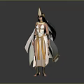 Game Movie Character With Golden Headdress Long Black Hair White Gold Outfit And Cloak