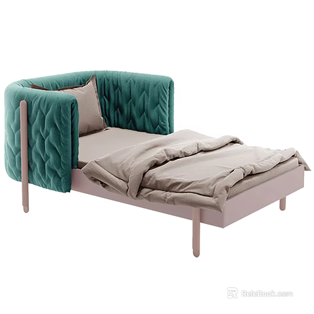Green Quilted Baby Cot With Pink Frame And Beige Bedding Pillow 3d model 