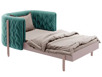 Green Quilted Baby Cot With Pink Frame And Beige Bedding Pillow 3d model