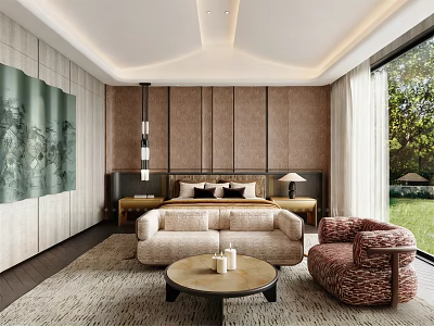 Luxurious Bedroom Interior With Comfortable Bed Sofa Armchair Coffee Table And Green View Outside Window 3d model