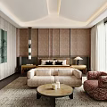 Luxurious Bedroom Interior With Comfortable Bed Sofa Armchair Coffee Table And Green View Outside Window
