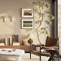Cozy Lounge Room With Framed Artwork Tall Leafy Plant Leather Armchair And Bookshelf Table Lamp