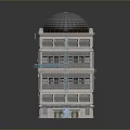 Modern Multi Story Hotel Building With Shiny Dome And Neon Signs