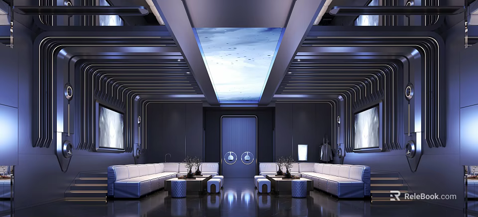 Modern KTV Lounge Interior Design With Dark Blue Walls White Sofas And Translucent Ceiling 3d model