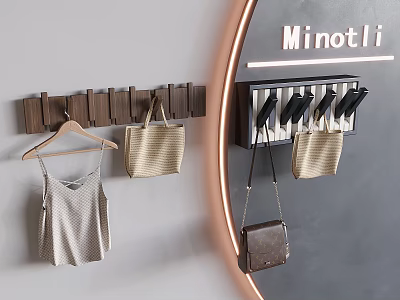 Modern Wooden And Black Wall Hooks For Hanging Clothes And Bags On Wall 3d model