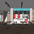 Modern Restaurant Interior with Open Kitchen Ordering Counter Menu Boards Tables and Decorative Plants