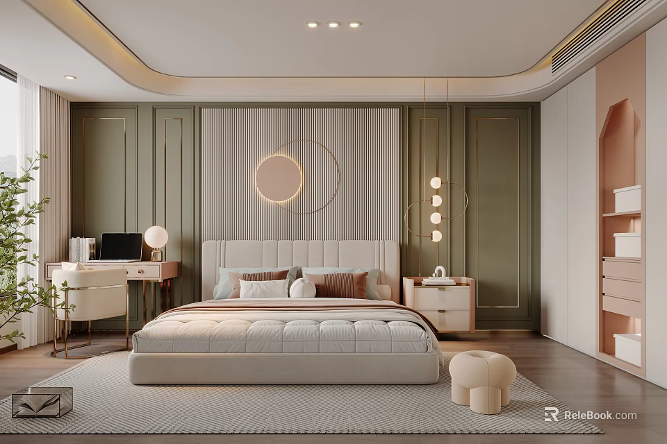 Modern Minimalist Bedroom Interior With Upholstered Bed And Green Walls 3d model 