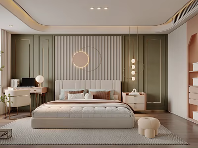 Modern Minimalist Bedroom Interior With Upholstered Bed And Green Walls 3d model