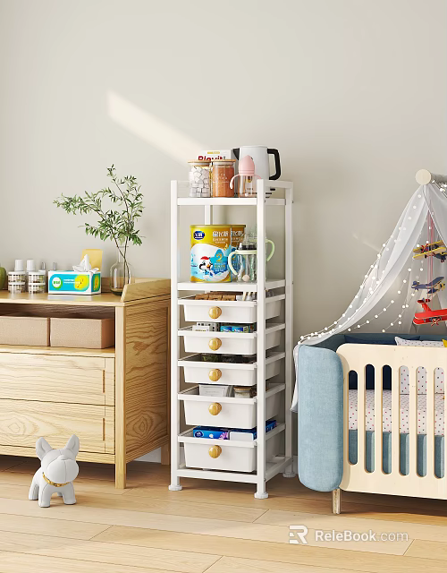 White Shelf With Drawers Cans Mugs In Kids Room With Crib Blue Couch And Plant 3d model 
