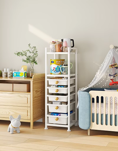 White Shelf With Drawers Cans Mugs In Kids Room With Crib Blue Couch And Plant 3d model