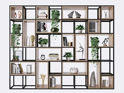 Modern Open Shelf Bookcase With Green Plants Books And Decorative Accents 3d model