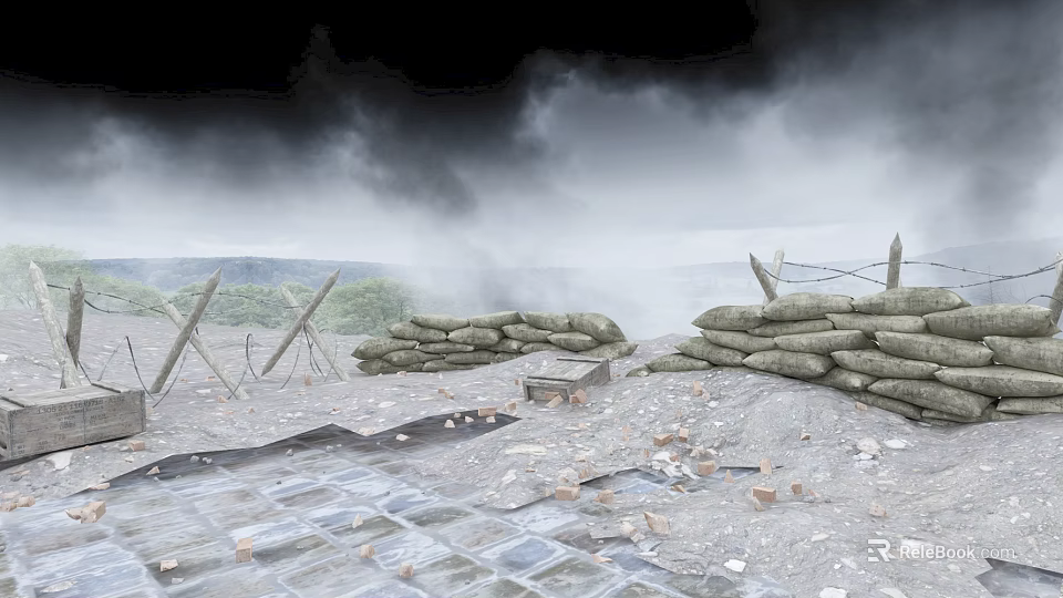 Military Trench Structure With Sandbags Barbed Wire Battlefield Ruins And Smoke 3d model 