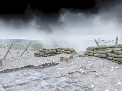 Military Trench Structure With Sandbags Barbed Wire Battlefield Ruins And Smoke 3d model