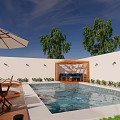 Courtyard Garden with Swimming Pool Wooden Deck Lounge Chairs Green Lawn and White Walls