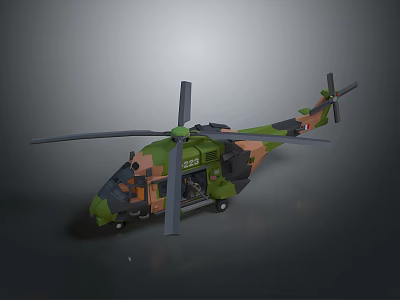 Military Helicopter With Camouflage Pattern Main Rotor Tail Rotor And Fuselage 3d model