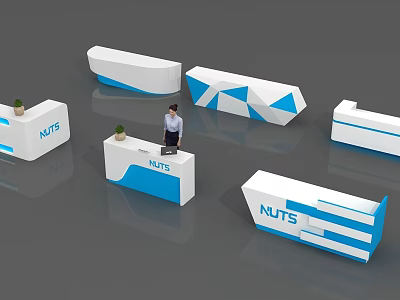 Modern White And Blue Reception Desks With Various Geometric Designs NUTS Branding And Staff 3d model
