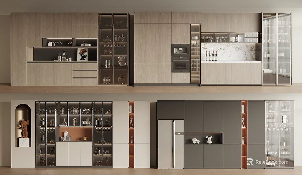 Modern Kitchen Wine Cabinet With Glass Doors And Multiple Storage Shelves 3d model 