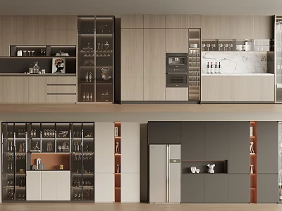 Modern Kitchen Wine Cabinet With Glass Doors And Multiple Storage Shelves 3d model