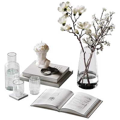 Minimalist Decorative Ornament Set With Glass Vase Flower Branches Stacked Books Glass Cups And Candle 3d model