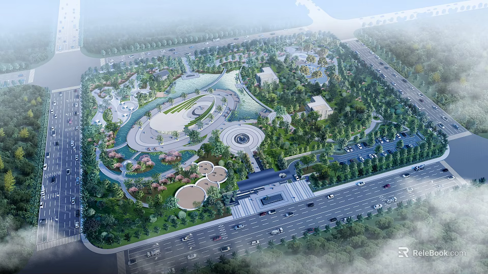 Modern Park Landscape With Lush Greenery Circular Plazas And Water Features 3d model 
