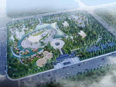 Modern Park Landscape With Lush Greenery Circular Plazas And Water Features 3d model