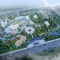 Modern Park Landscape With Lush Greenery Circular Plazas And Water Features