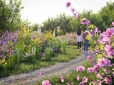 Vibrant Flower Garden With Colorful Blooms Green Plants Stone Path And Family Strolling 3d model