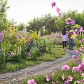 Vibrant Flower Garden With Colorful Blooms Green Plants Stone Path And Family Strolling