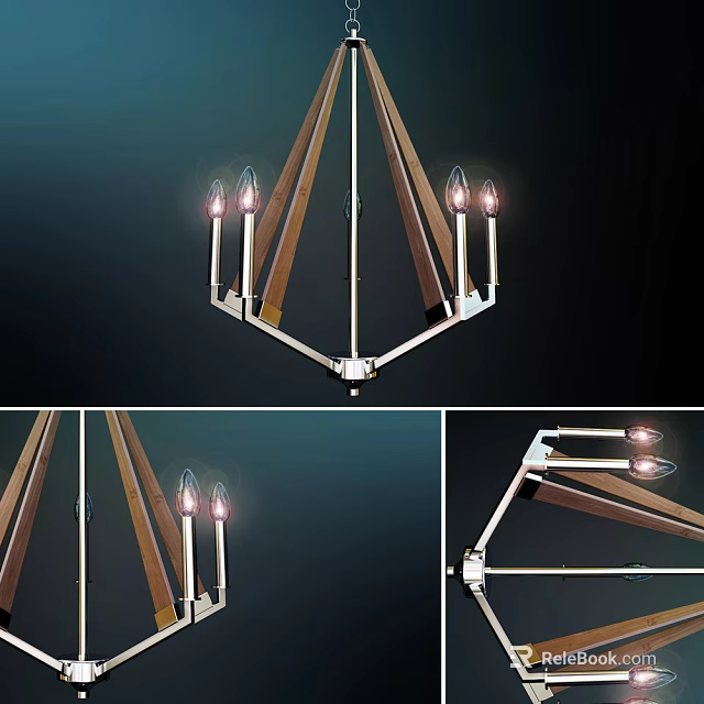 Modern Geometric Chandelier With Wooden And Metal Frame And Candle Style Lights 3d model 