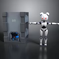 White Robot With Red Eyes And Outstretched Arms Next To Gray Block With 00 Marking