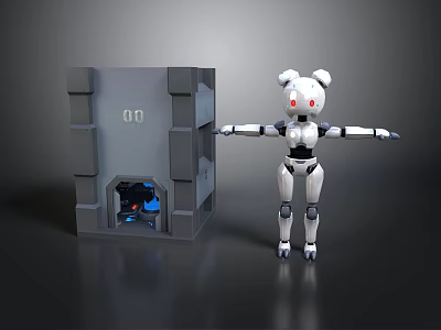 White Robot With Red Eyes And Outstretched Arms Next To Gray Block With 00 Marking 3d model