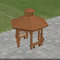 Wooden Gazebo With Orange Roof Hexagonal Design Benches Grass Field And Paved Ground