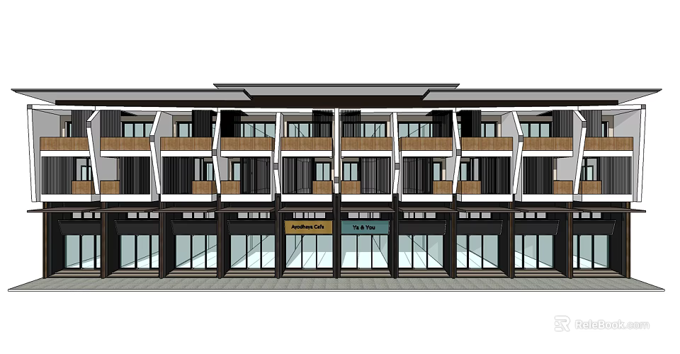 Multi Story Residential Building With Ground Floor Storefronts And Traditional Roof Design 3d model 