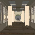 Traditional Japanese Style Elevator Corridor With Wooden Lattice Windows And Circular Doorway
