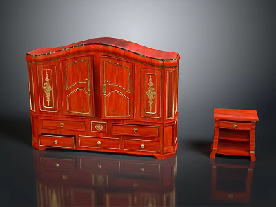 Traditional Red Wooden Cabinet With Golden Accents And Small Side Table 3d model