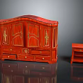 Traditional Red Wooden Cabinet With Golden Accents And Small Side Table