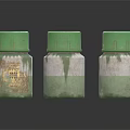 Three Glass Bottles With Green Caps And Stained Labels On Black Reflective Surface