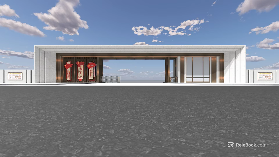 Modern Entrance Gate Design With White Building Red Decorations And Glass Windows 3d model 