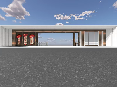 Modern Entrance Gate Design With White Building Red Decorations And Glass Windows 3d model