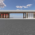 Modern Entrance Gate Design With White Building Red Decorations And Glass Windows
