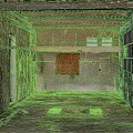 Abandoned Building Interior With Exposed Wooden Ceiling Damaged Walls Broken Windows And Floor Drainage Grate