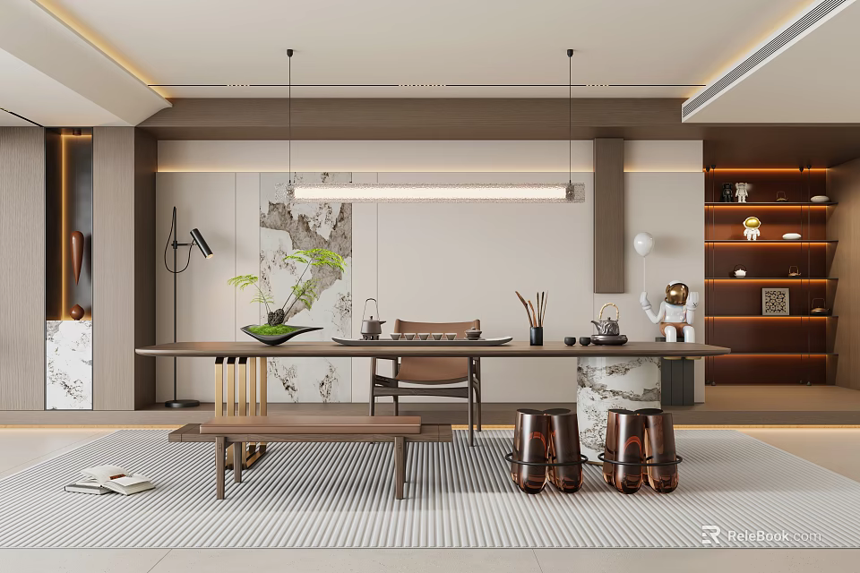 Elegant Tea Room Interior With Wooden Long Table Tea Sets Copper Stools And Green Plant 3d model 